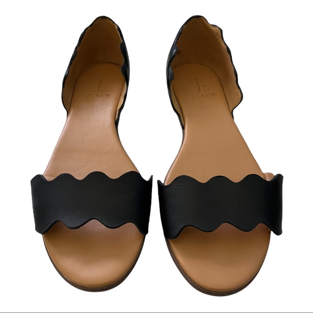 J. Crew Black Leather Scallopped Flats Sandals Size 7.5